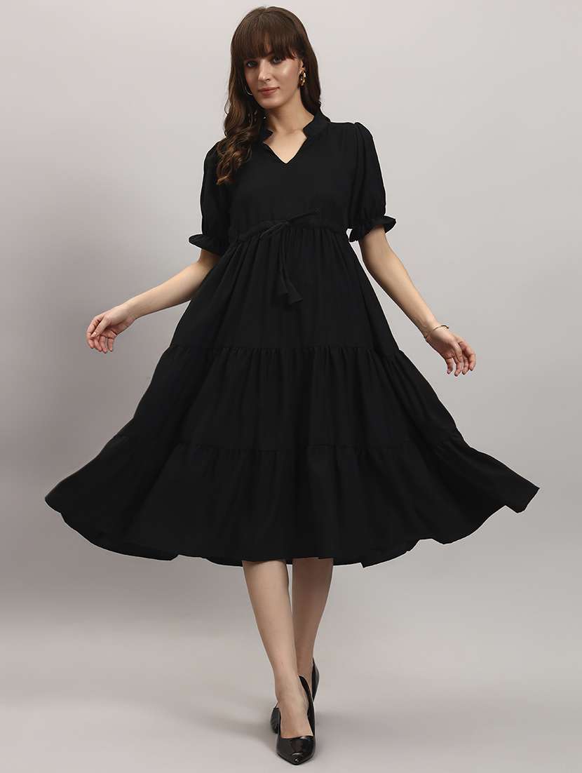women solid short sleeve tiered dress
