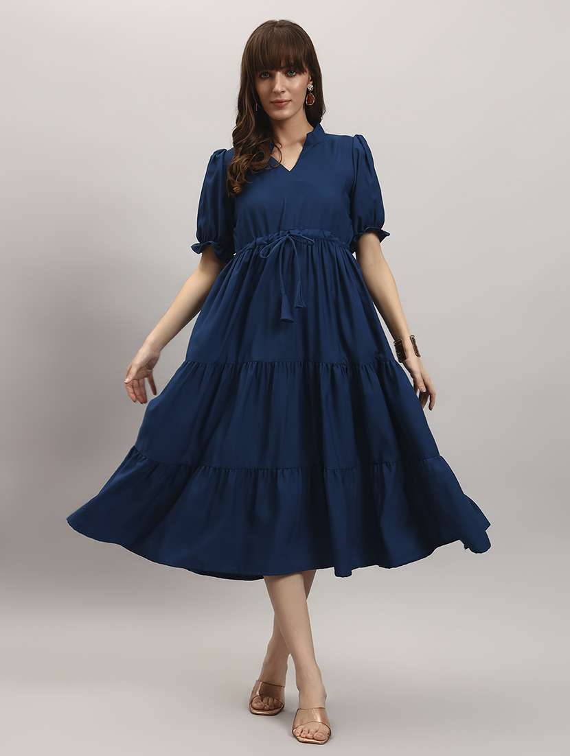 women solid short sleeve tiered dress