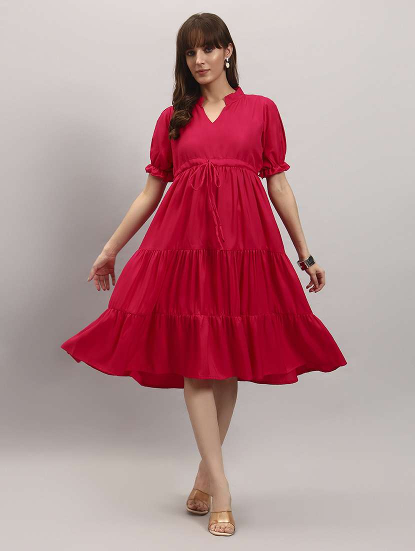 women solid short sleeve tiered dress