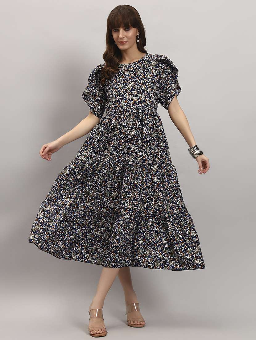 women printed tulip sleeve tiered dress