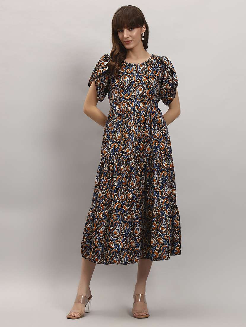 women printed tulip sleeve tiered dress