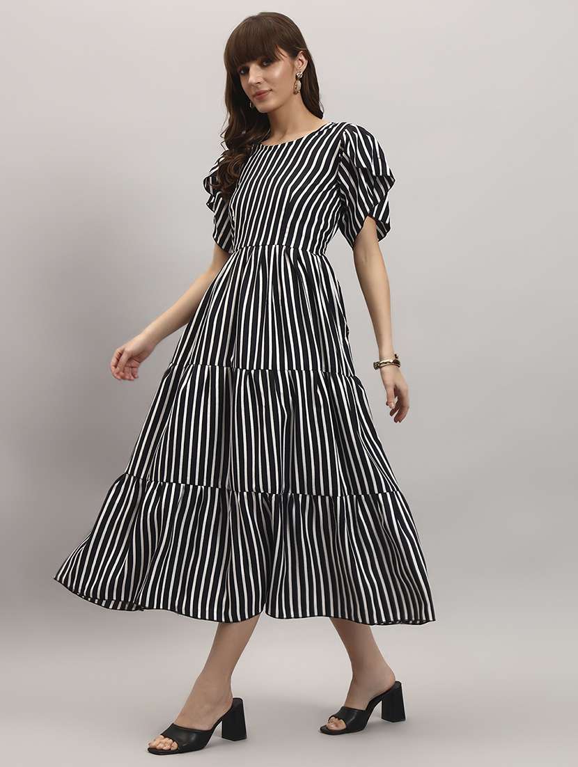 women striped tulip sleeve tiered dress
