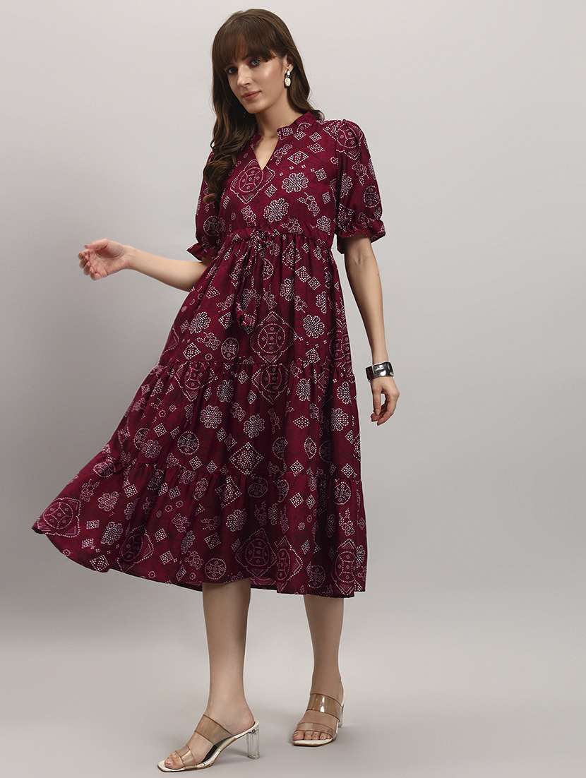 women bandhani print puff sleeve tiered dress