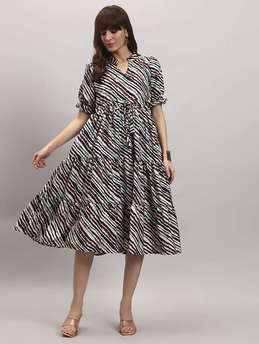 women printed puff sleeves tiered dress