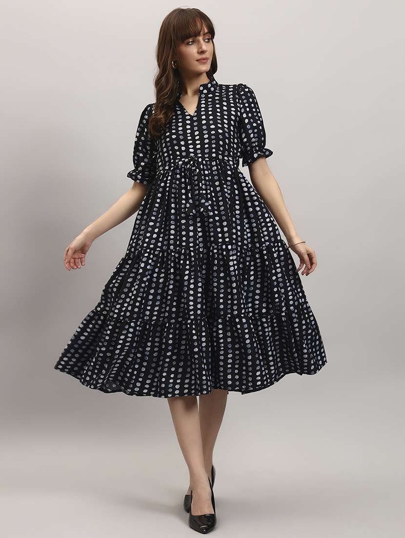 women printed puff sleeves tiered dress