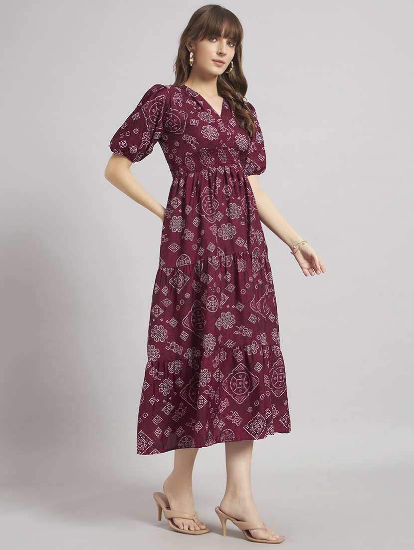 women bandhani print puff sleeve tiered dress