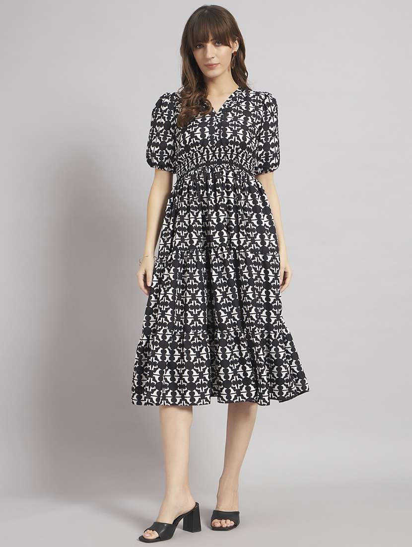 women printed puff sleeve tiered dress
