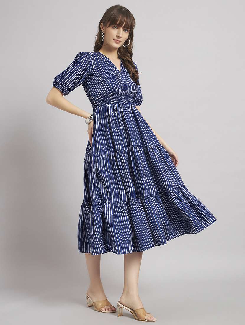 women striped puff sleeve tiered dress