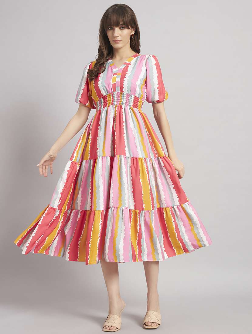 women striped puff sleeve tiered dress
