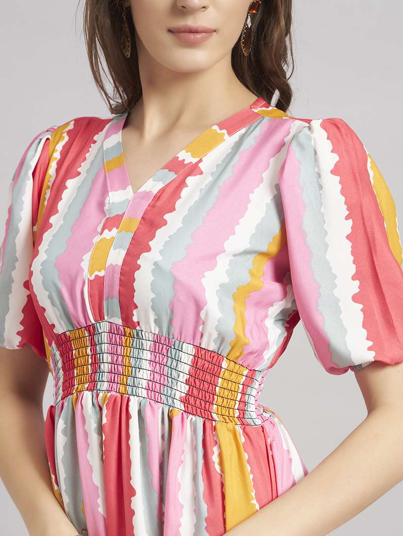 women striped puff sleeve tiered dress - 22308163 -  Standard Image - 3
