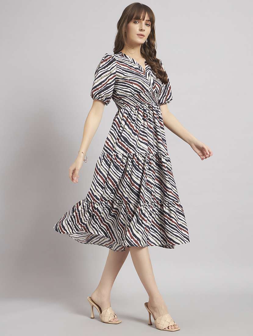 women printed puff sleeves tiered dress