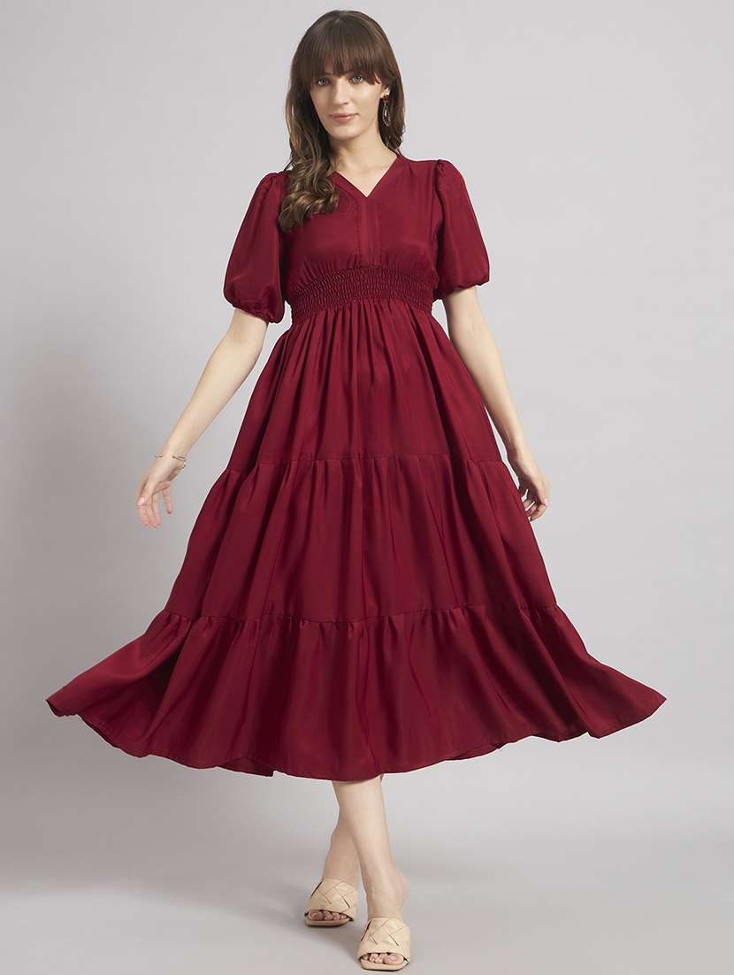 women solid puff sleeve tiered dress