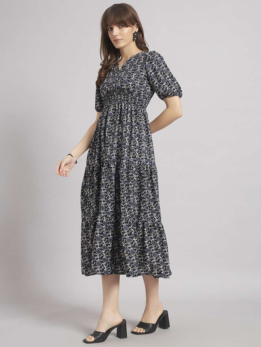 women floral puff sleeve tiered dress