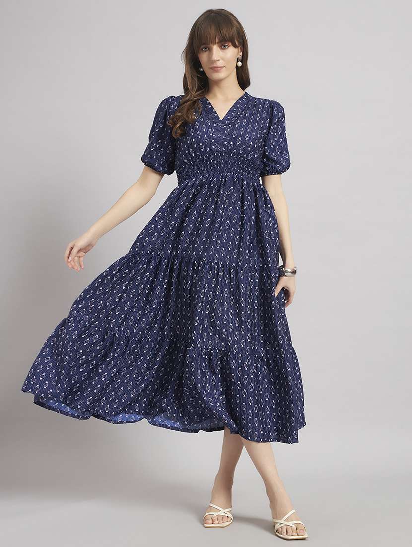 women printed puff sleeves tiered dress