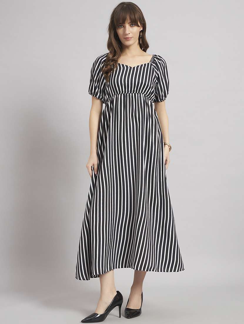 women striped sweetheart neck a-line dress