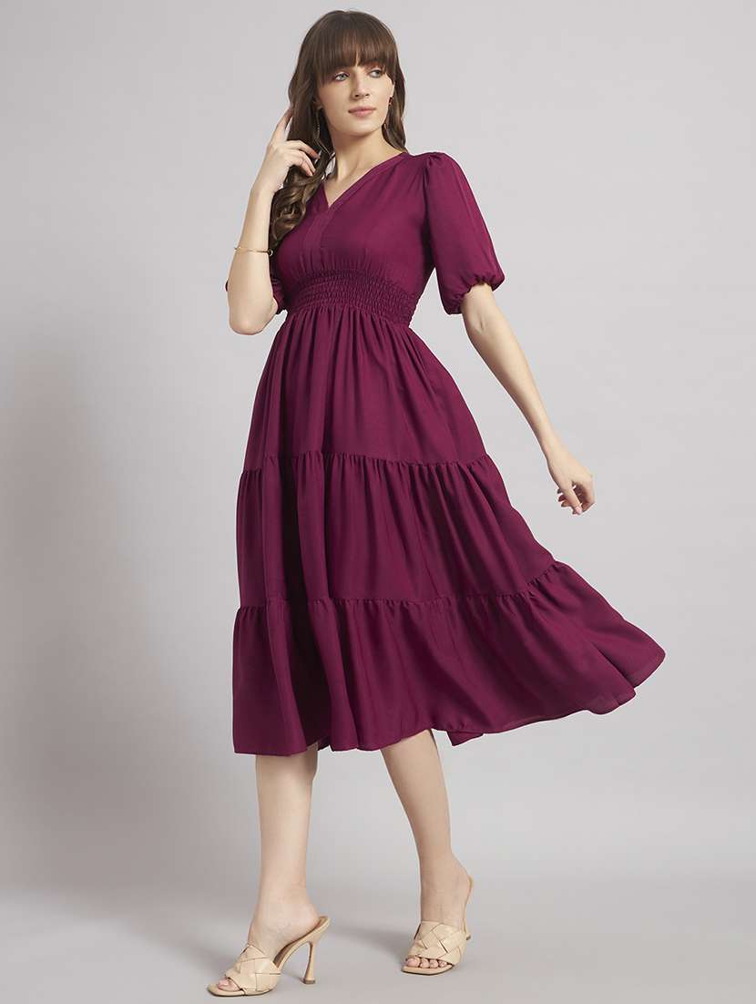 women solid puff sleeve tiered dress