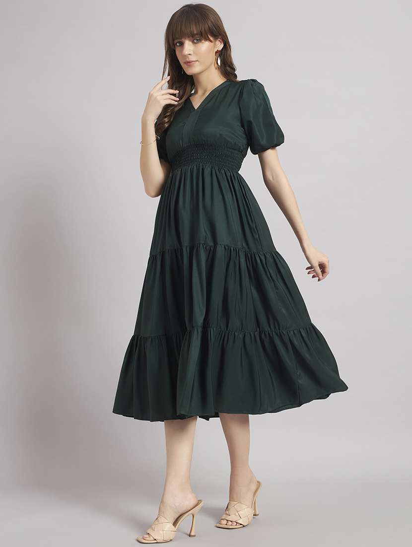 women solid puff sleeve tiered dress