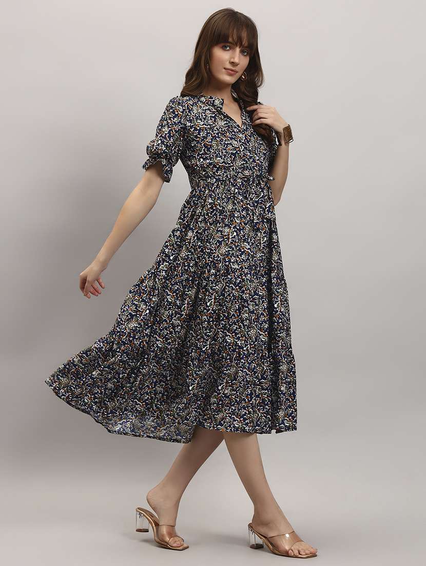 women printed puff sleeve tiered dress