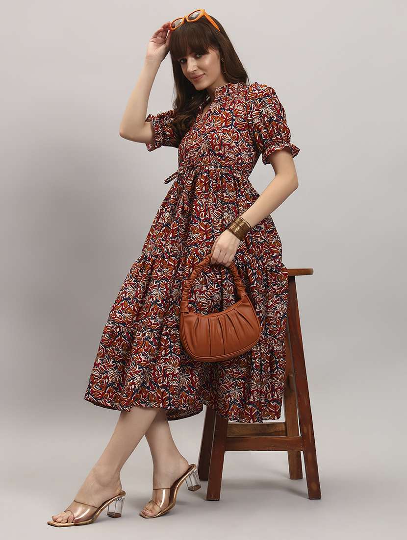 women printed puff sleeves tiered dress