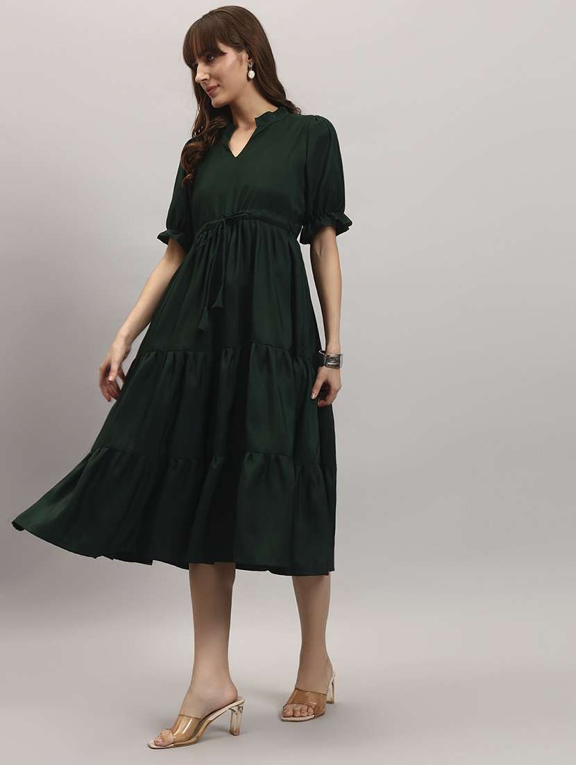 women solid puff sleeve tiered dress