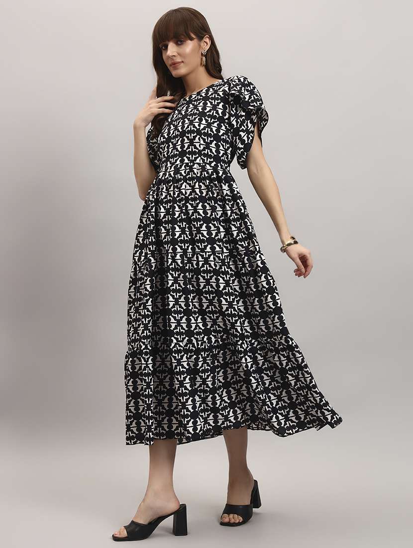 women printed puff sleeves tiered dress