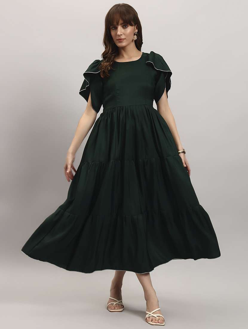 women solid tulip sleeve tiered dress