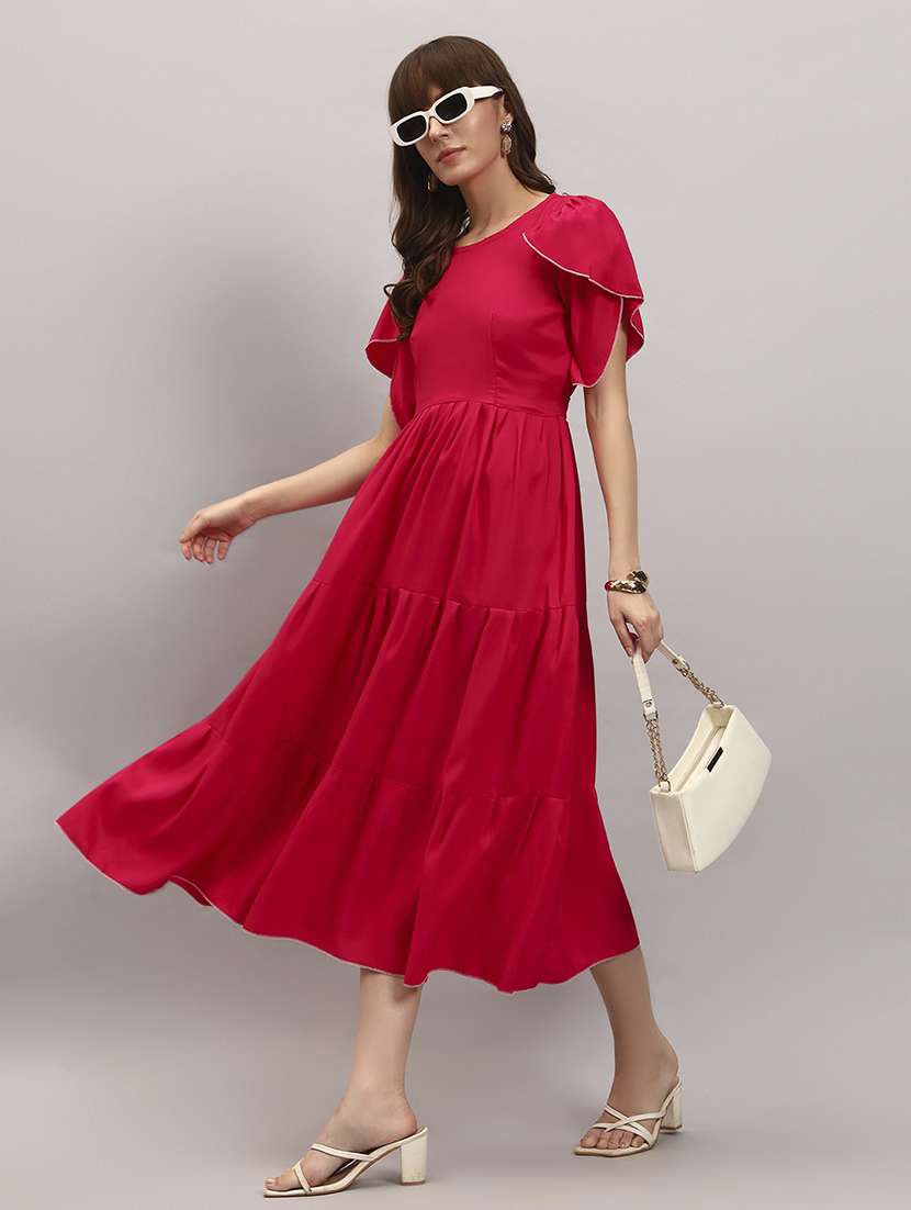 women solid tulip sleeve tiered dress