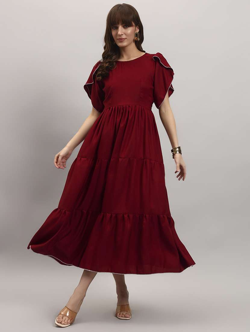 women solid tulip sleeves tiered dress