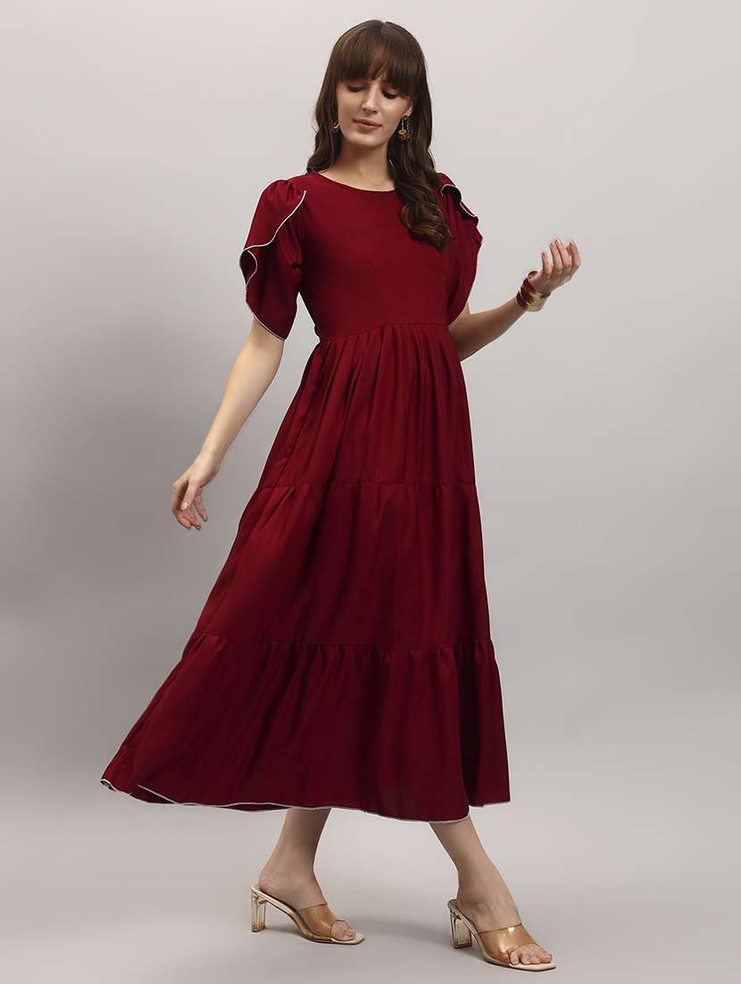 women solid tulip sleeve tiered dress