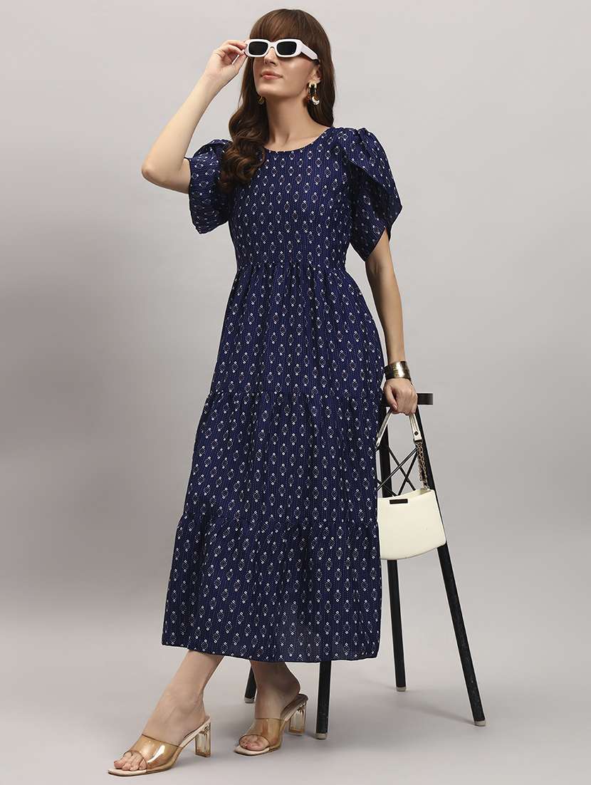 women printed tulip sleeve tiered dress