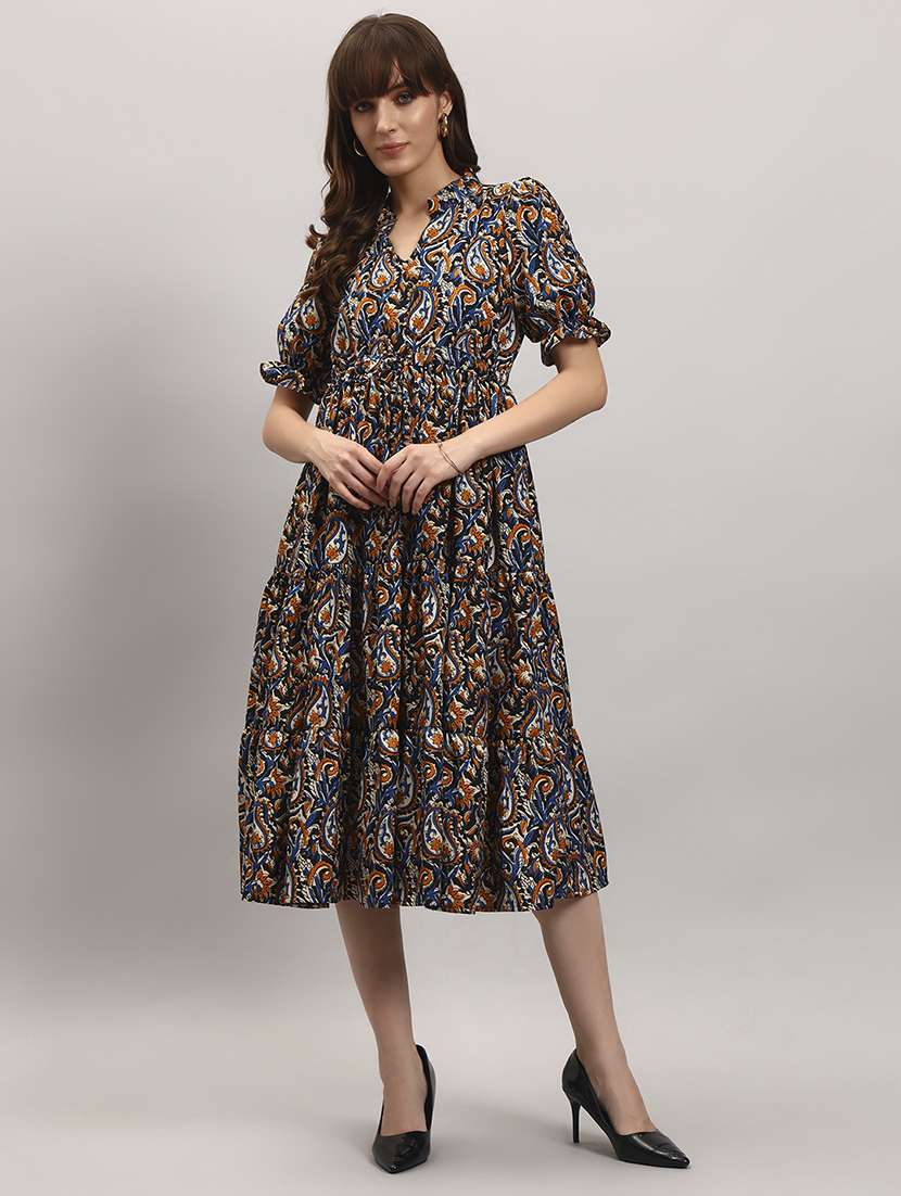 women paisley printed puff sleeve tiered dress
