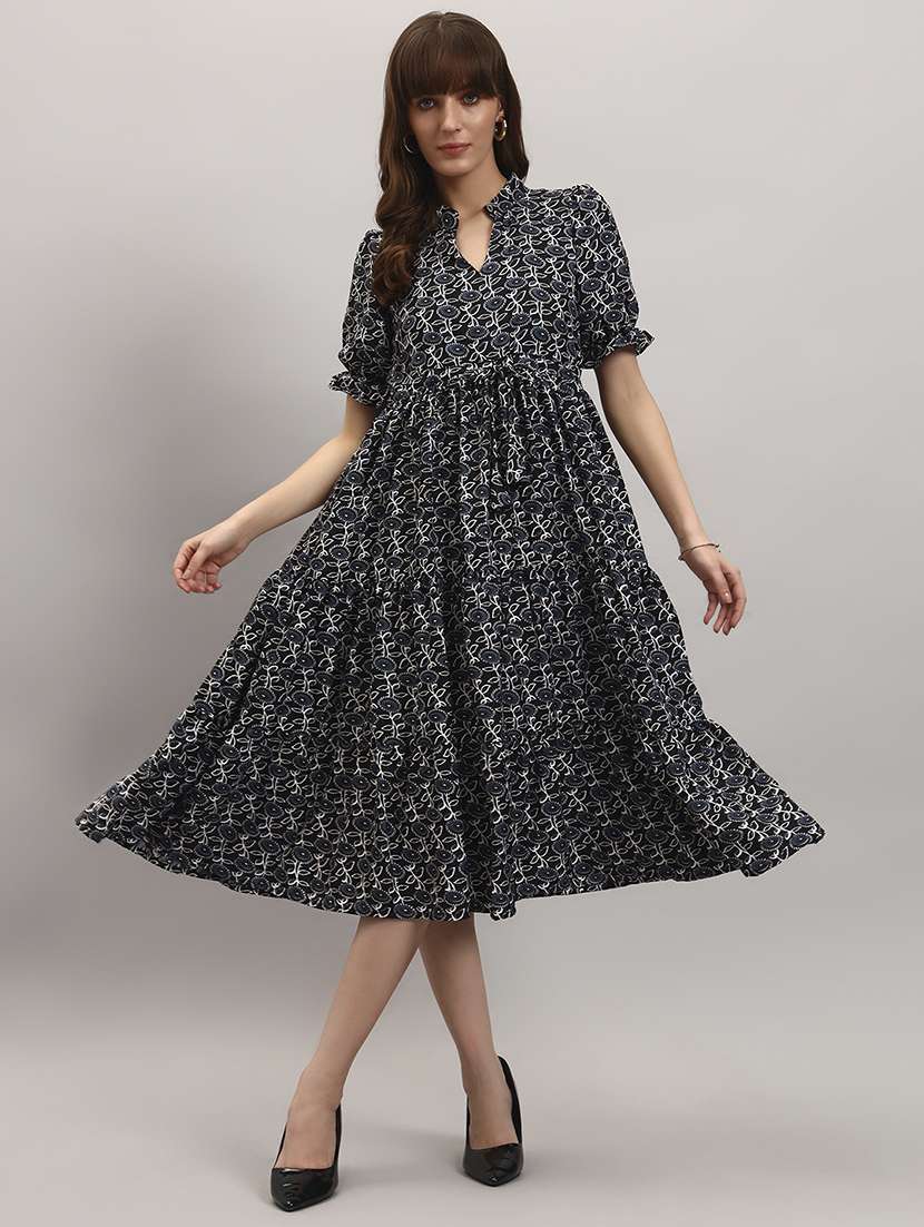 women printed puff sleeve tiered dress