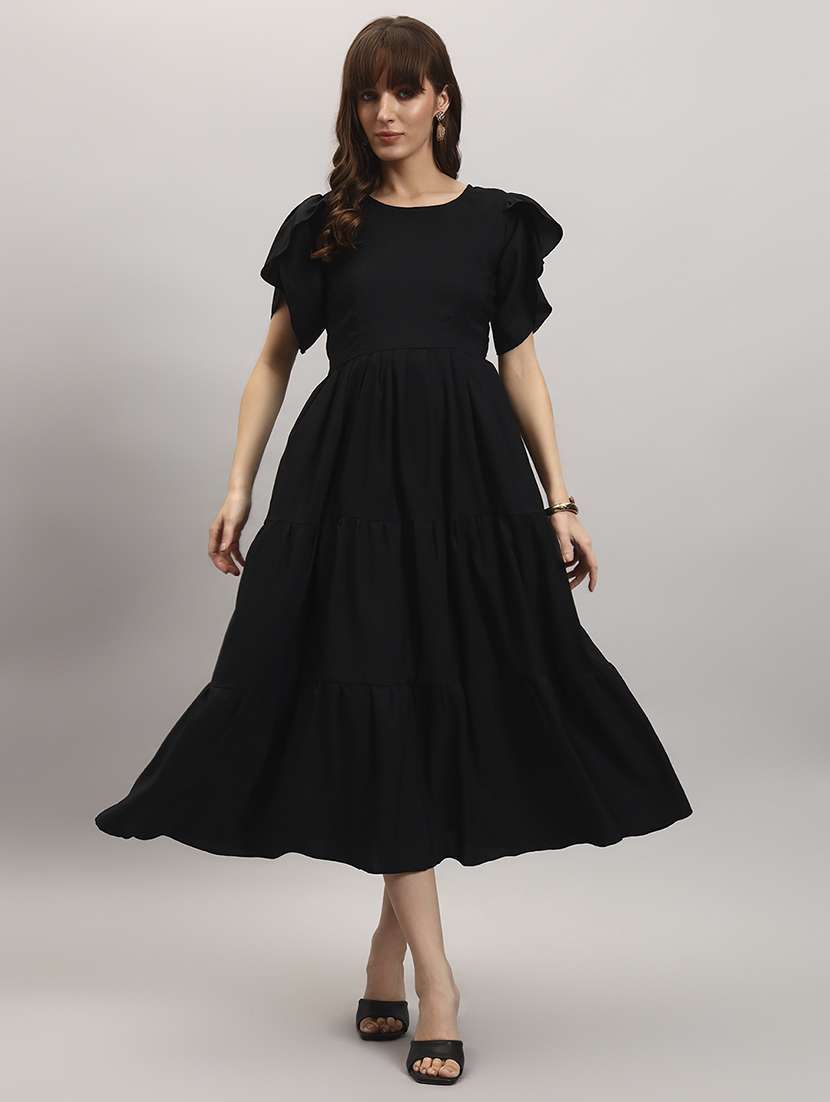 women solid tulip sleeve tiered dress