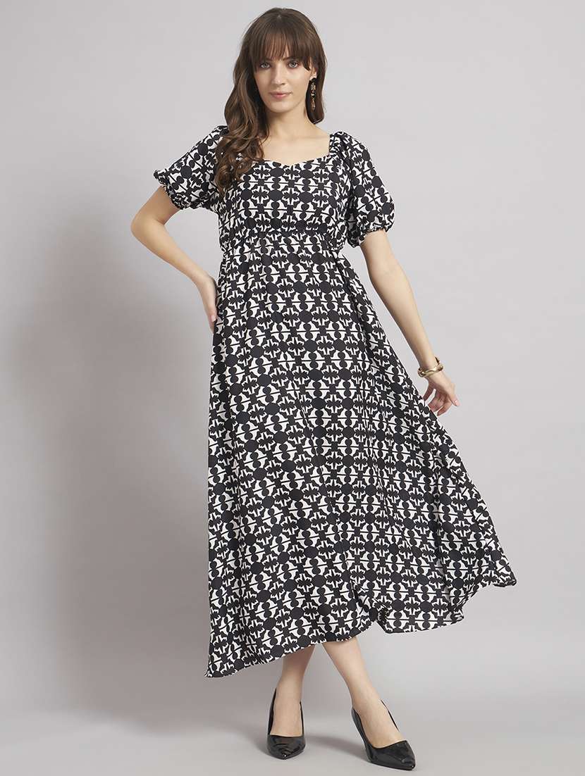 women printed puff sleeves a-line dress