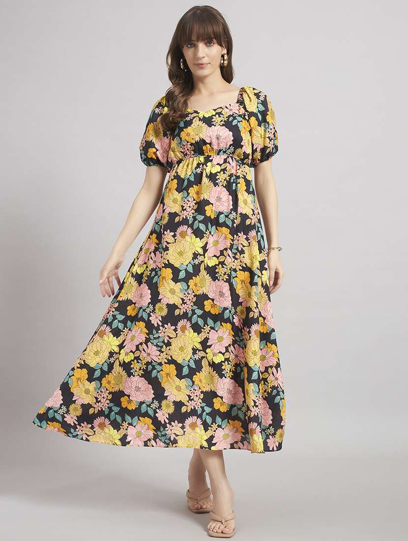 women floral print puff sleeve a-line dress