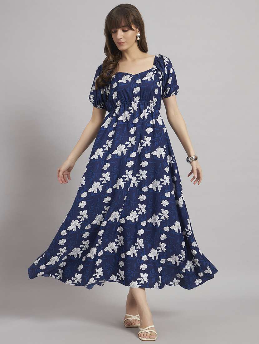 women floral print puff sleeve a-line dress