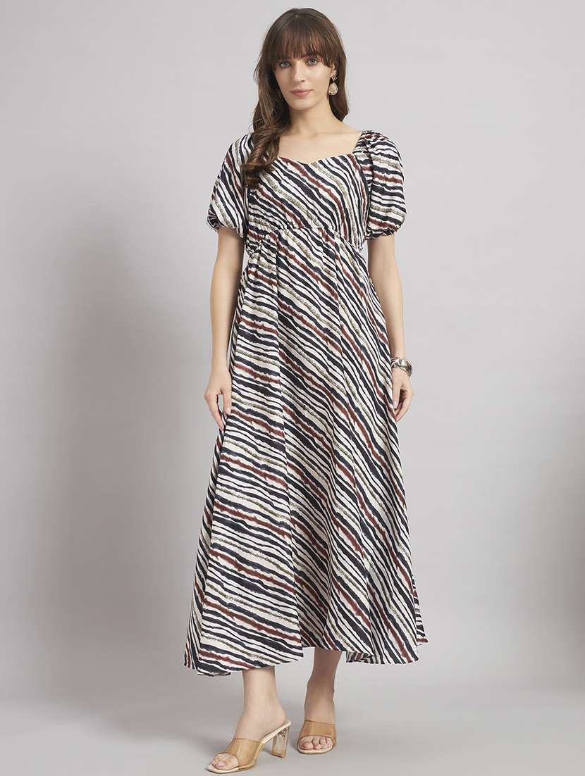 women printed puff sleeves a-line dress