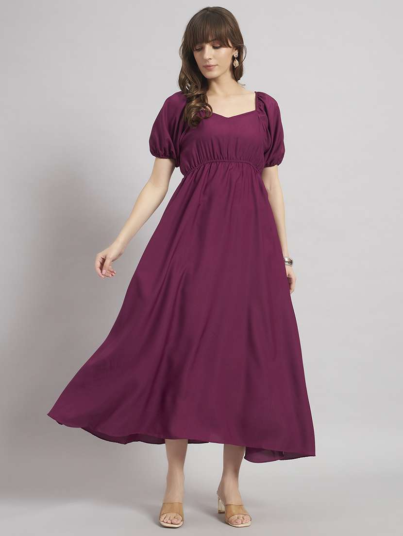 women solid puff sleeve a-line dress