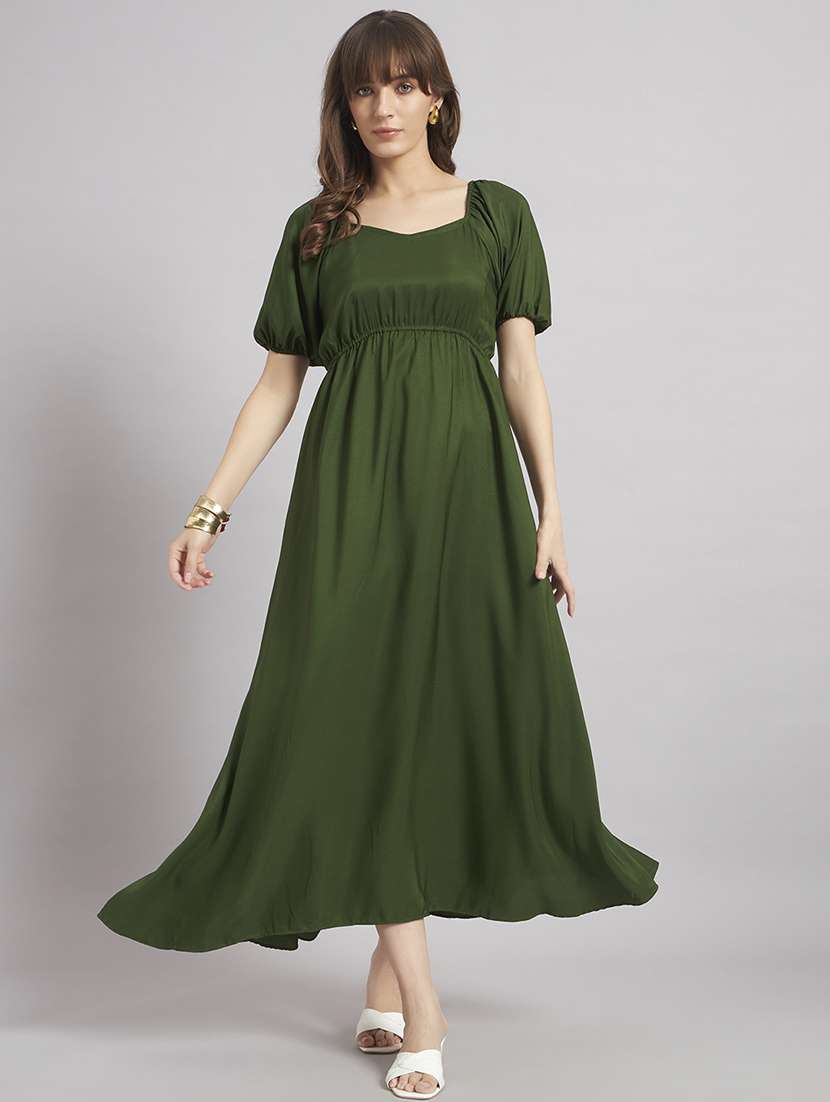 women solid puff sleeve a-line dress