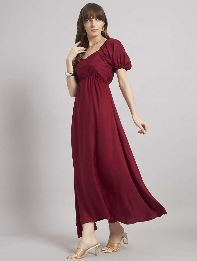 women solid puff sleeve a-line dress