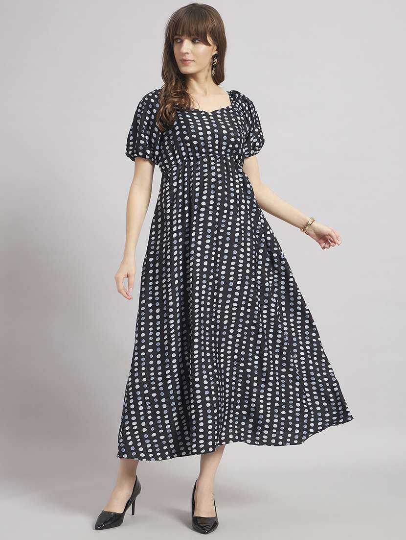 women printed puff sleeve a-line dress