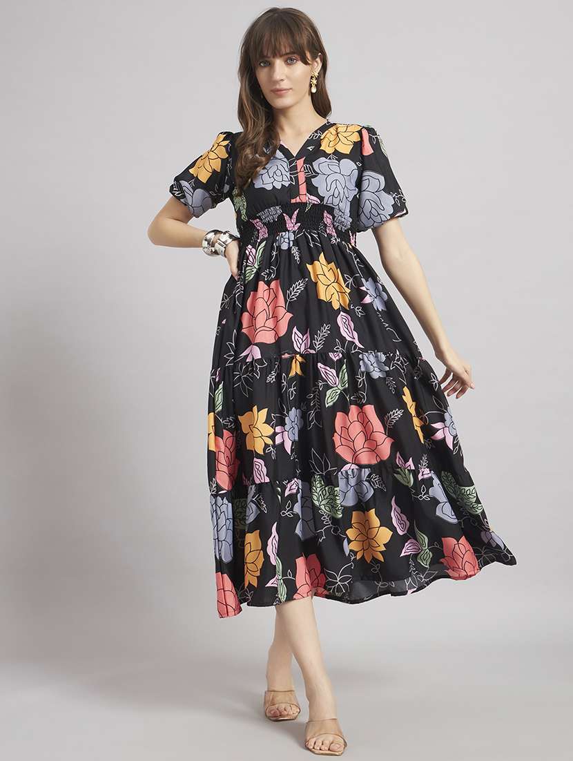 women printed puff sleeve tiered dress