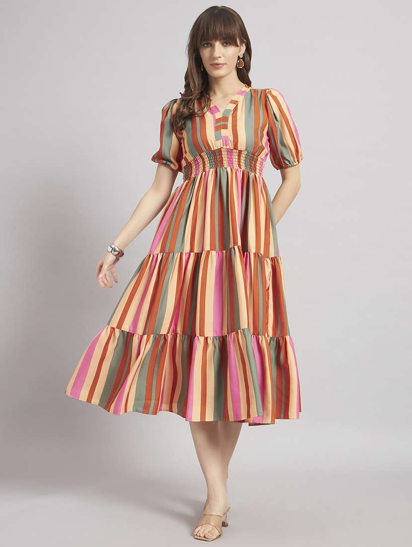 women striped puff sleeve tiered dress