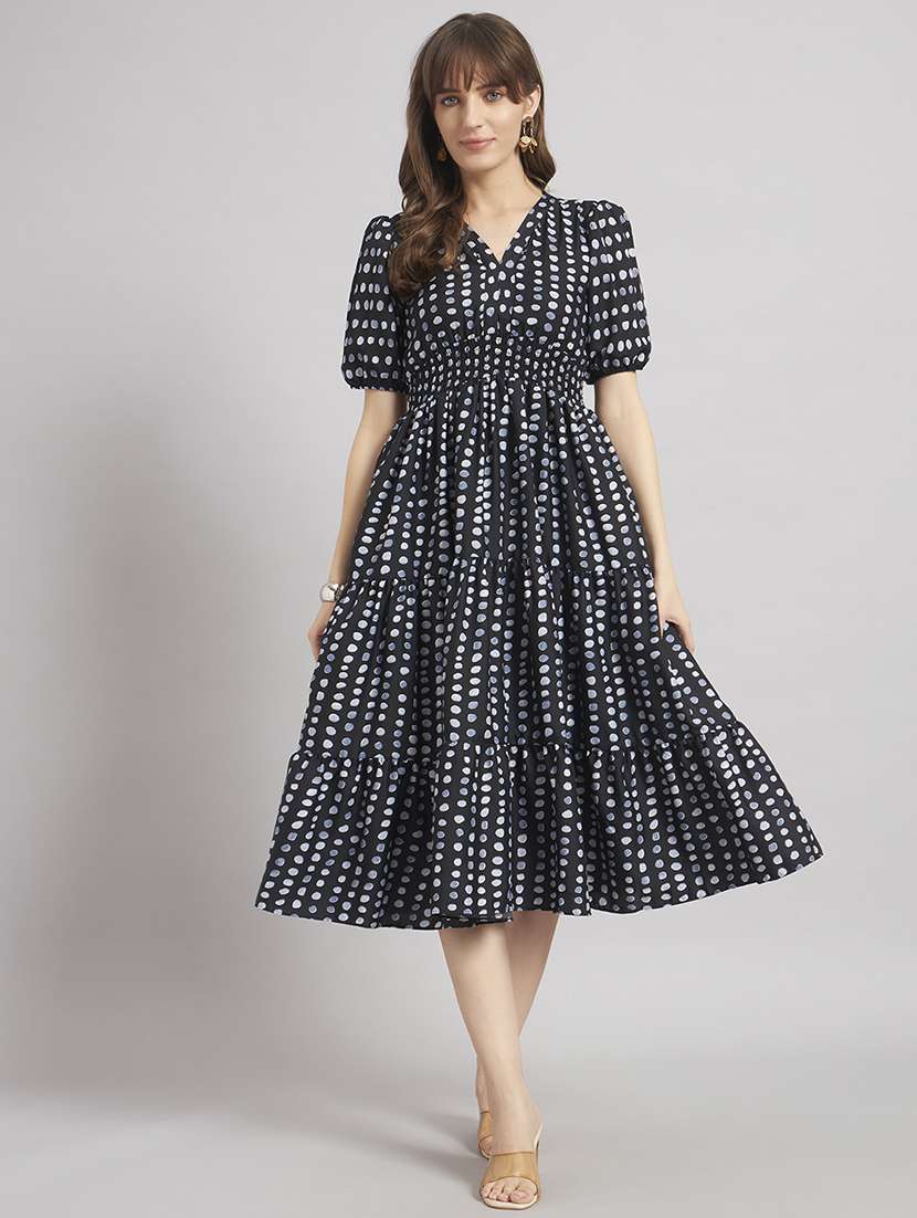 women printed puff sleeve tiered dress