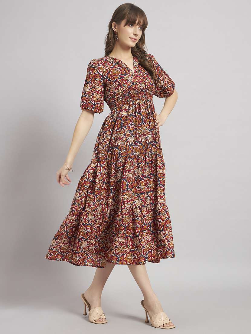 women printed puff sleeves tiered dress