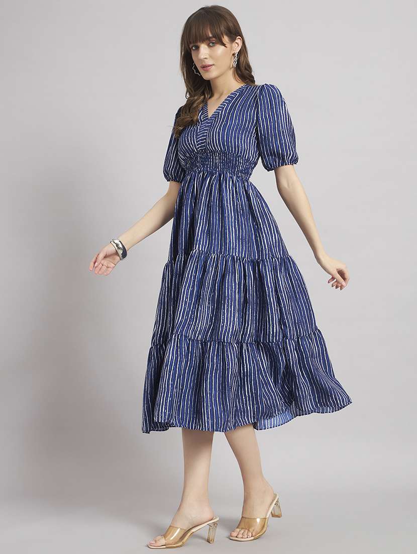 women striped puff sleeve tiered dress