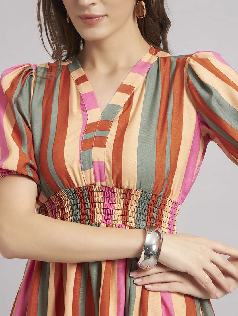 women striped puff sleeve tiered dress - 22309154 -  Standard Image - 3