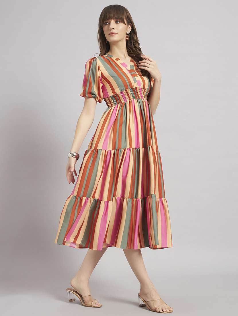 women printed v neck tiered dress