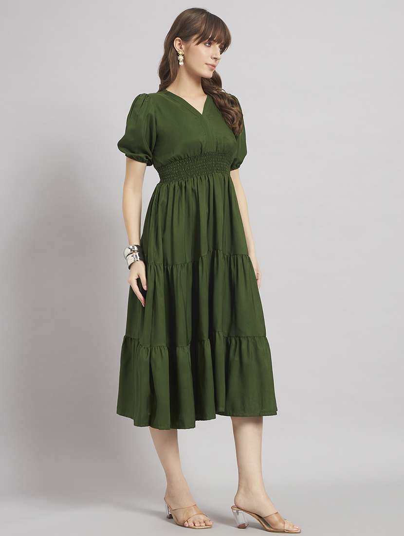 women solid puff sleeve tiered dress