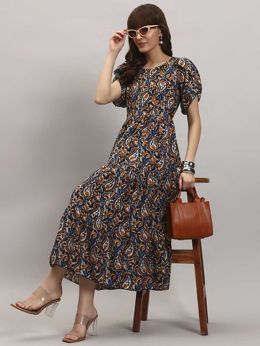 printed polyester tiered gown with puff sleeves